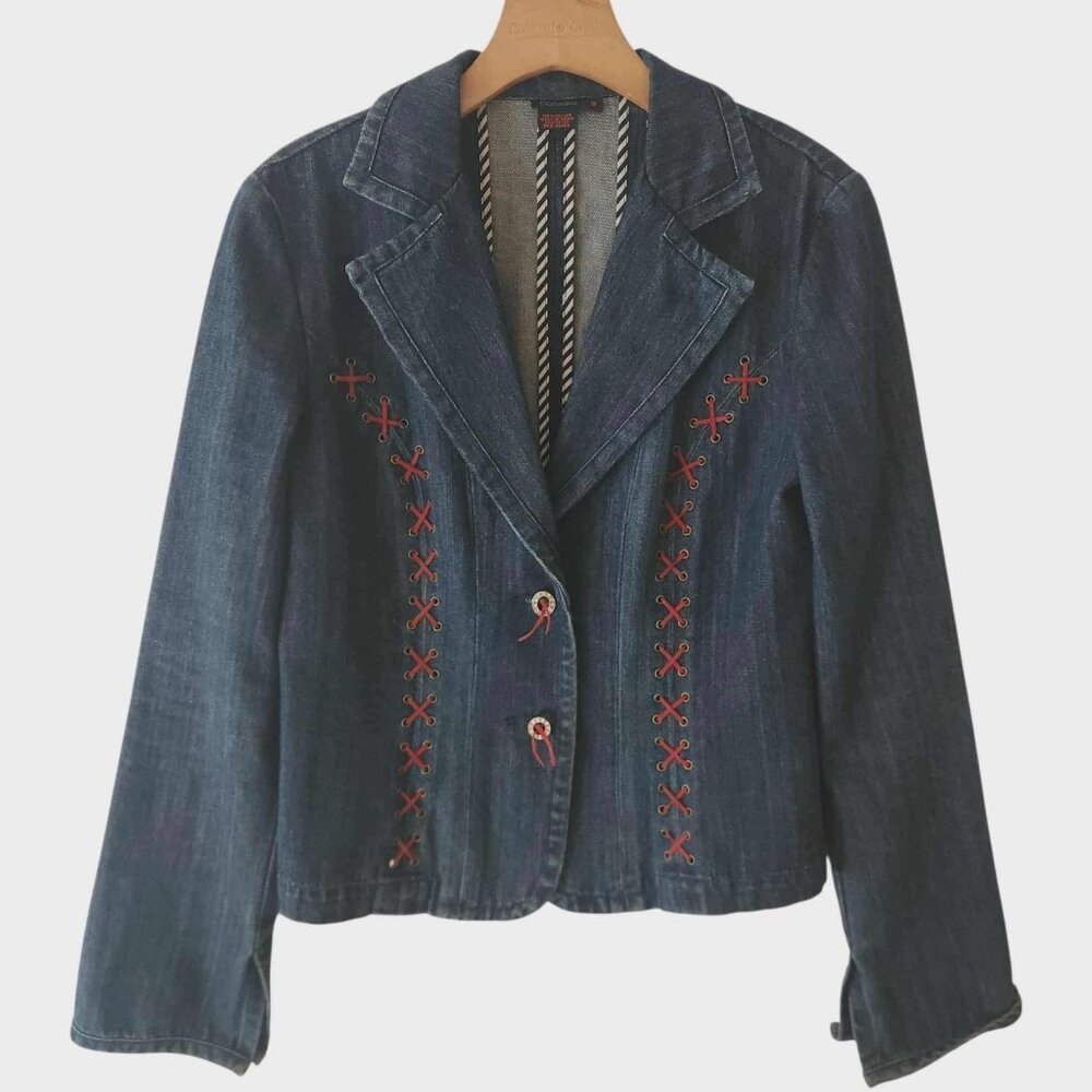 Vintage D Studio Denim Jacket Red Leather Lace Bling Buttons Blue‎ Boho Womens 8
